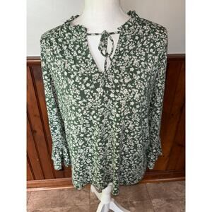 Womens BAUKJEN Green White Floral Keyhole Tie Front Long Sleeve Blouse UK‎ 14